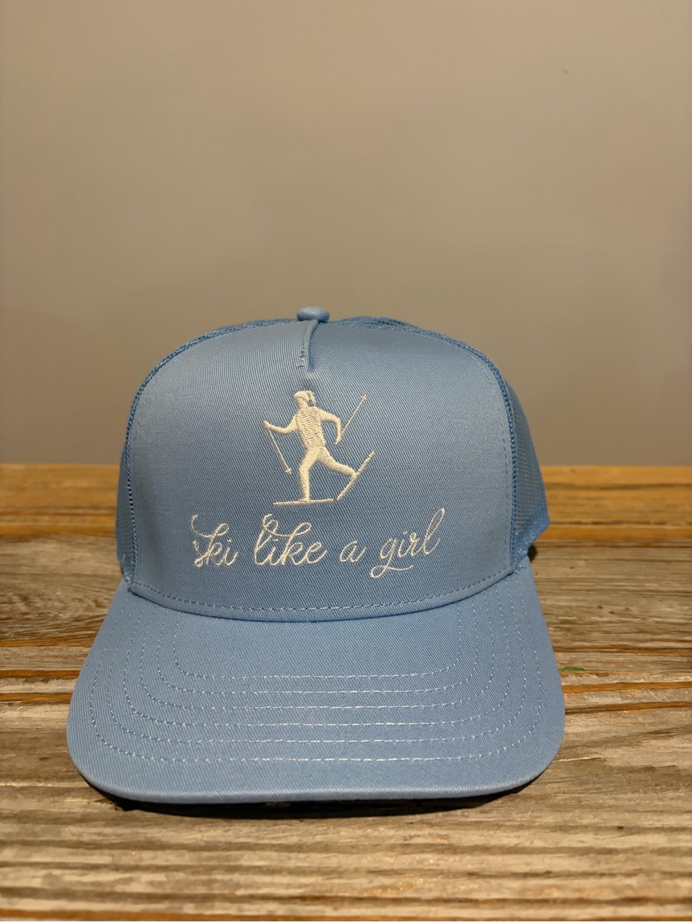 Anthropologie Light Blue 'Ski Like a Girl' Trucker Hat Beach Riot NWT
